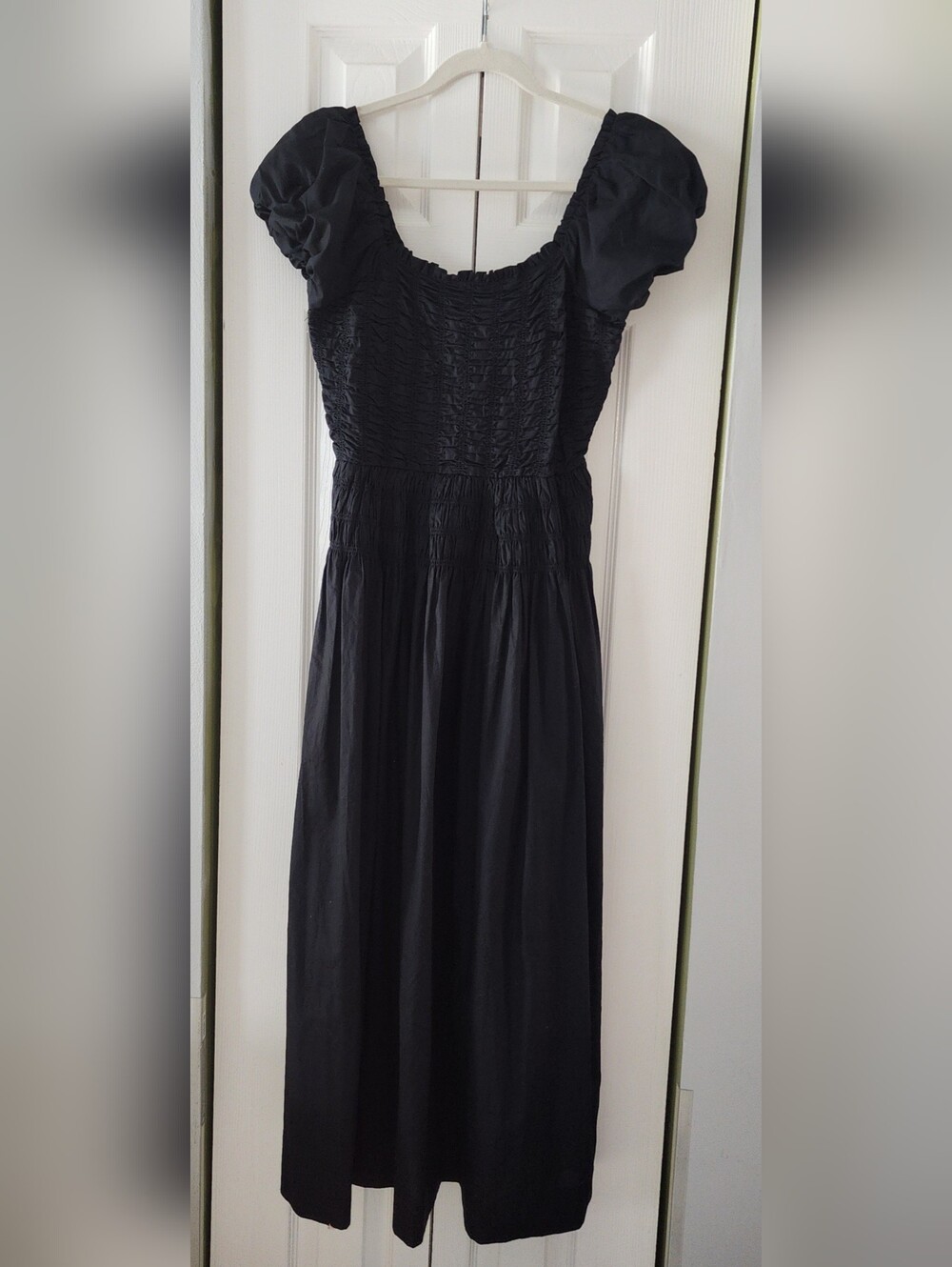 Caroline Constas Black Smocked Maxi Dress with Puff Sleeves Size S